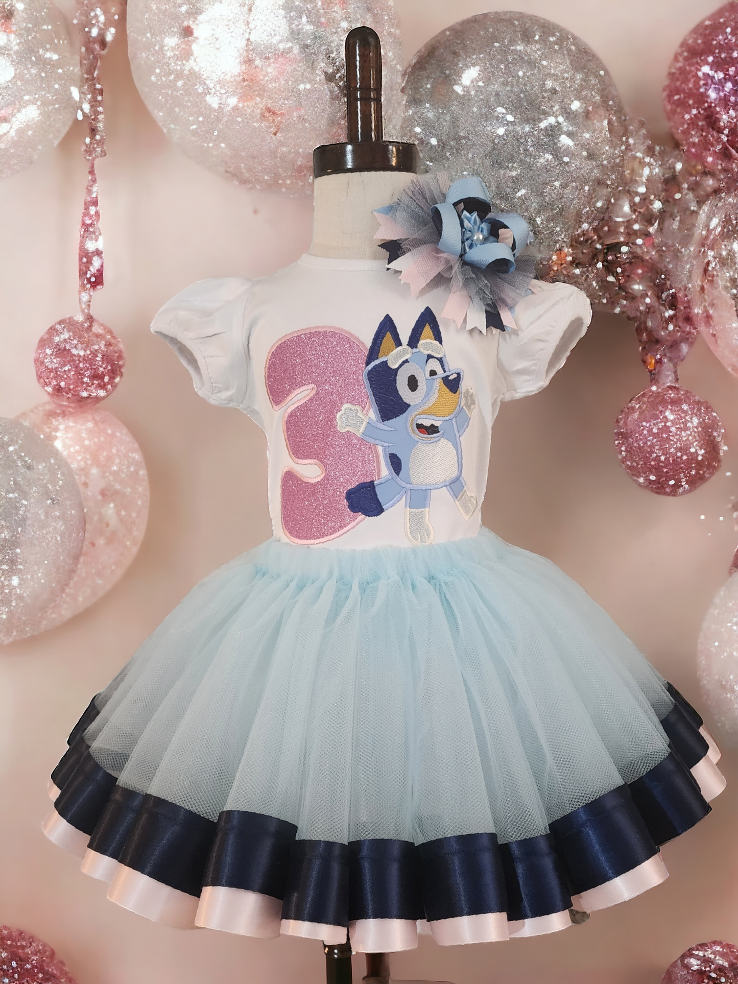 Blue heeler outfit, themed birthday outfit, party outfit, blue dog embroidered top, pink glitter