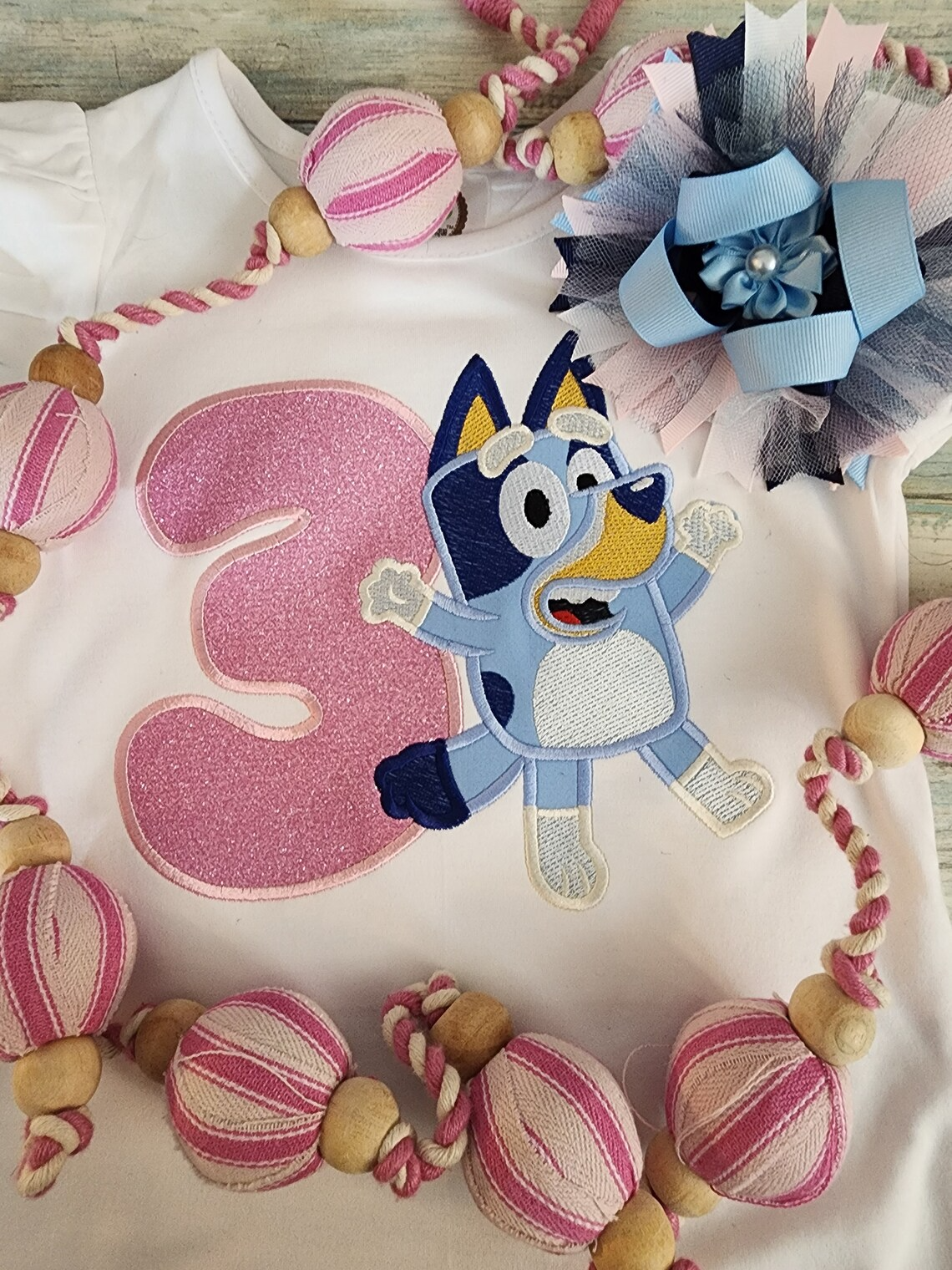 Blue heeler outfit, themed birthday outfit, party outfit, blue dog embroidered top, pink glitter