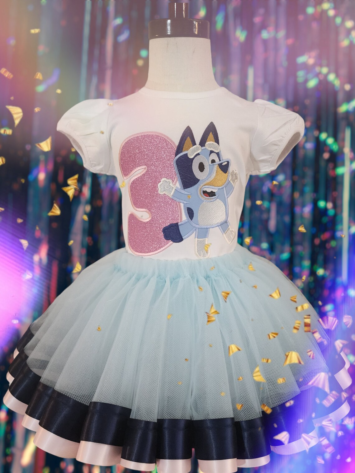 Blue heeler outfit, themed birthday outfit, party outfit, blue dog embroidered top, pink glitter