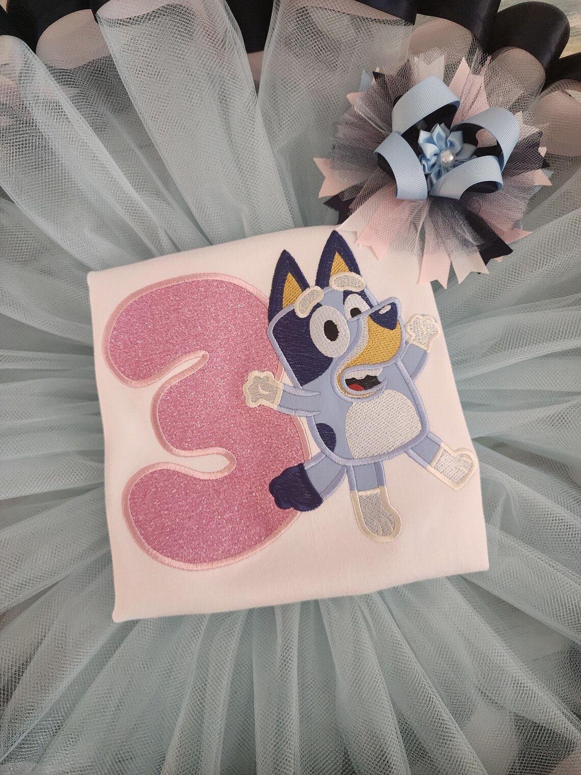 Blue heeler outfit, themed birthday outfit, party outfit, blue dog embroidered top, pink glitter