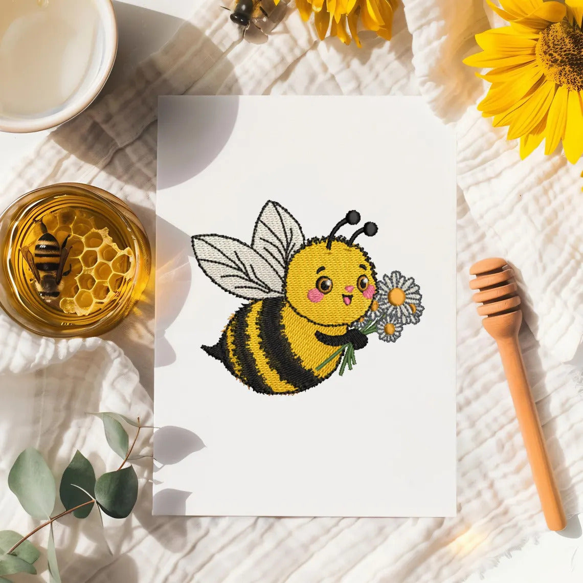 Charming Daisy and Bee Embroidery Design, Daisy bee, bee with flower, embroidered bee, instant download, machine embroidery, DIGITAL FILE