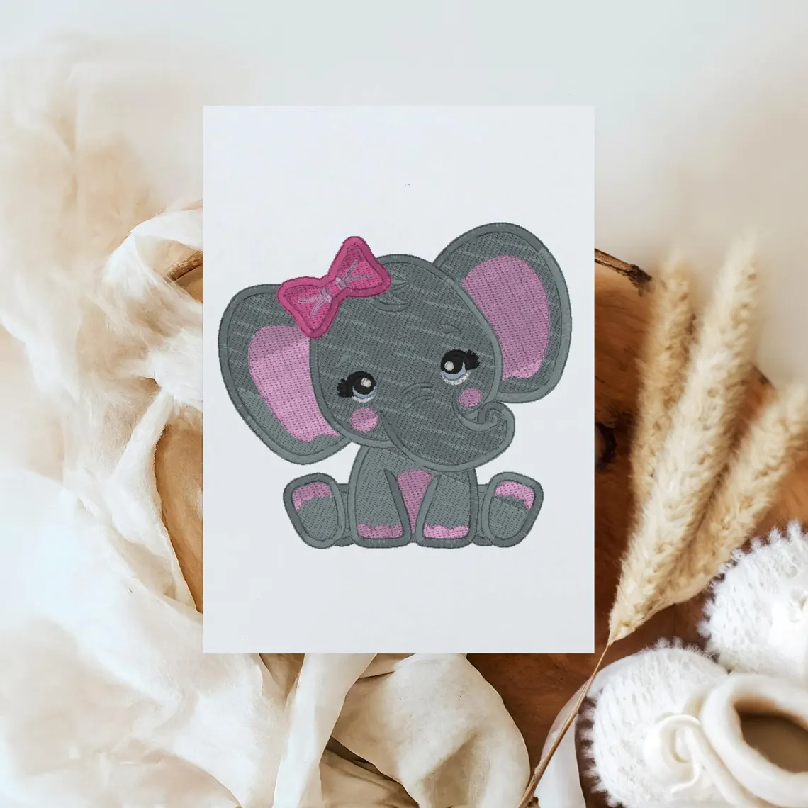 girl elephant, baby elephant, pink elephant with bow, elephant fill stitch, instant download, machine embroidery, DIGITAL FILE
