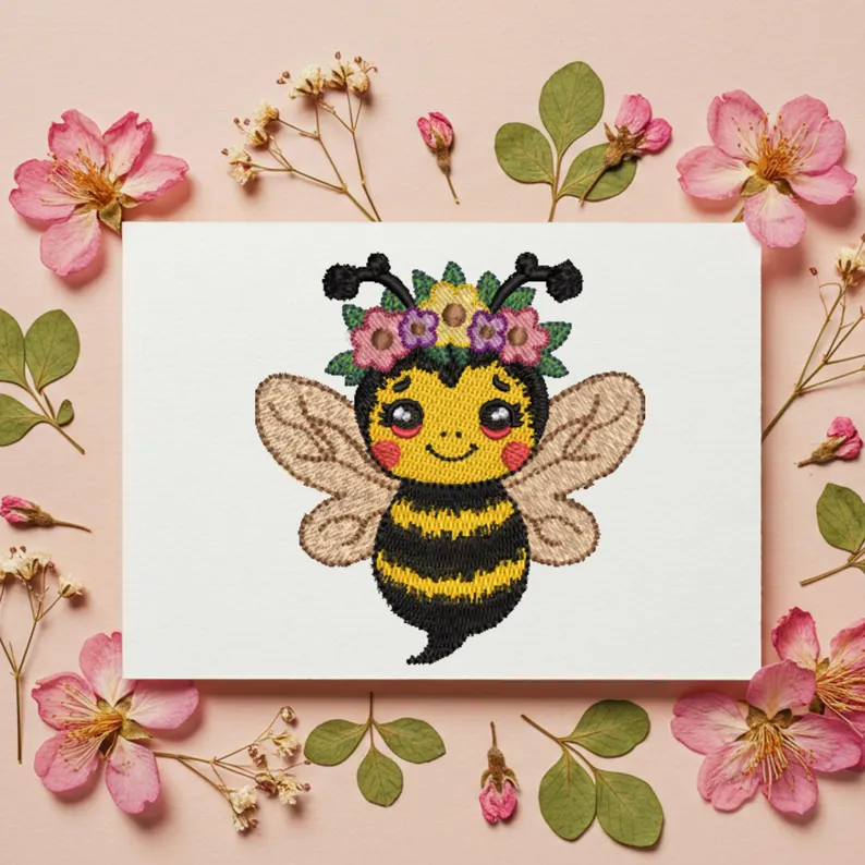 Spring Bee Floral Crown Embroidery design, bee with flowers, embroidered bee, instant download, machine embroidery, DIGITAL FILE