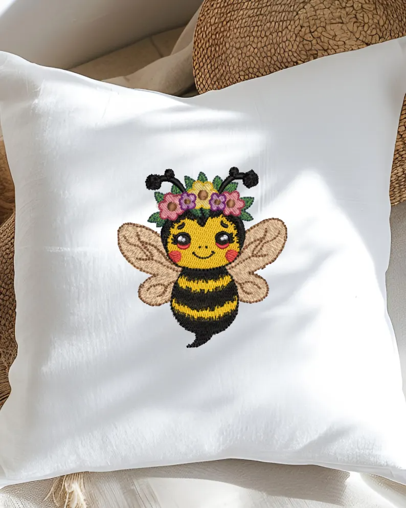 Spring Bee Floral Crown Embroidery design, bee with flowers, embroidered bee, instant download, machine embroidery, DIGITAL FILE