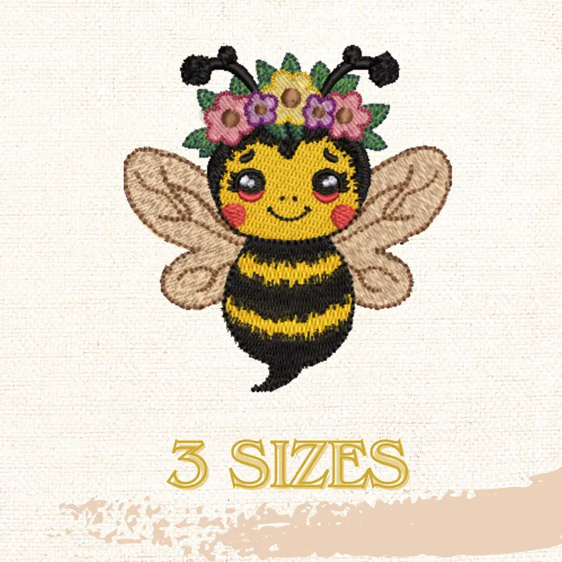 Spring Bee Floral Crown Embroidery design, bee with flowers, embroidered bee, instant download, machine embroidery, DIGITAL FILE