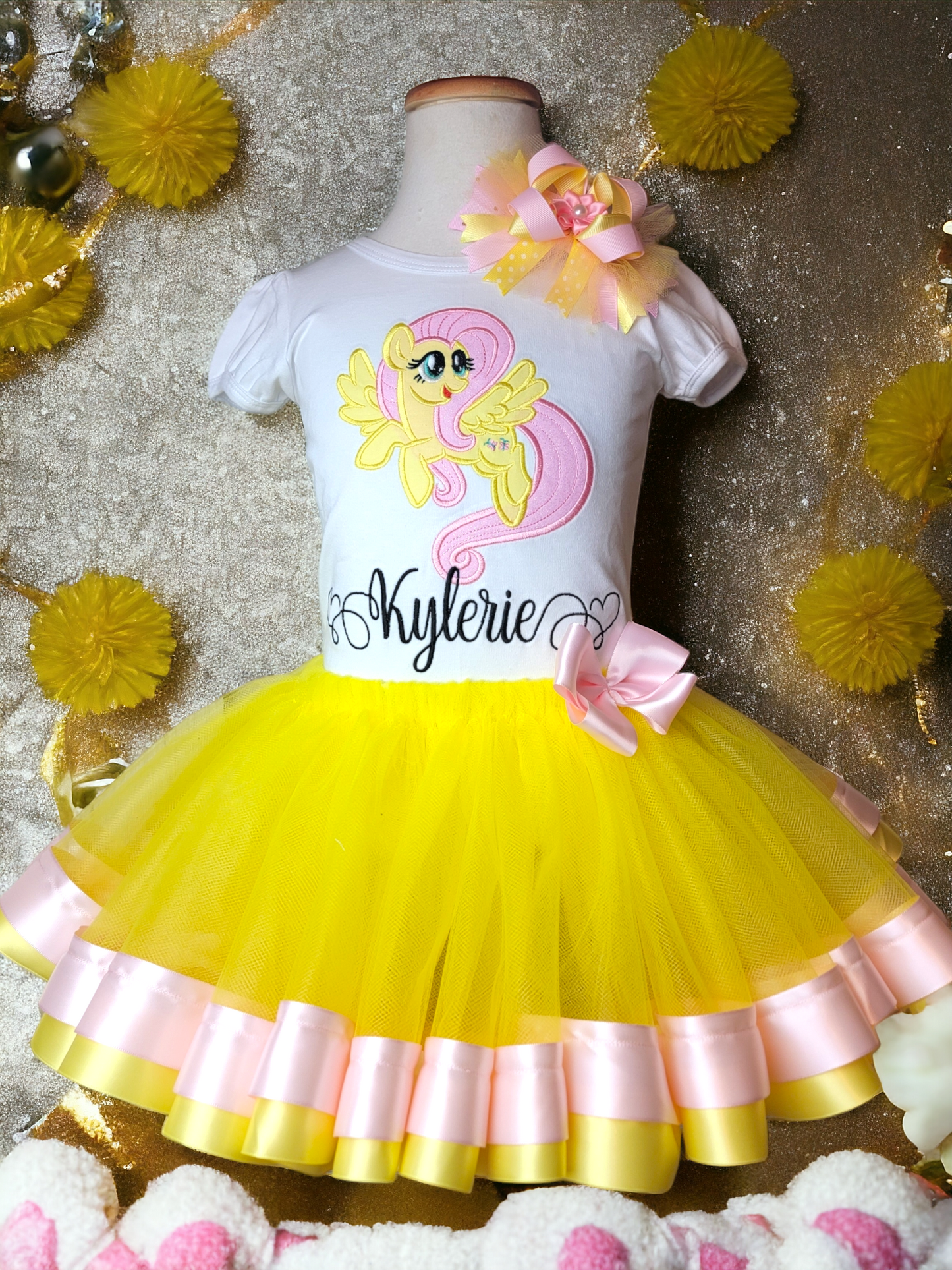 Yellow Pony, Ribbon Trimmed tutu, Matching Top and Tutu, Character Inspired, Themed Party, Party Outfit, Personalized top, Pink and yellow