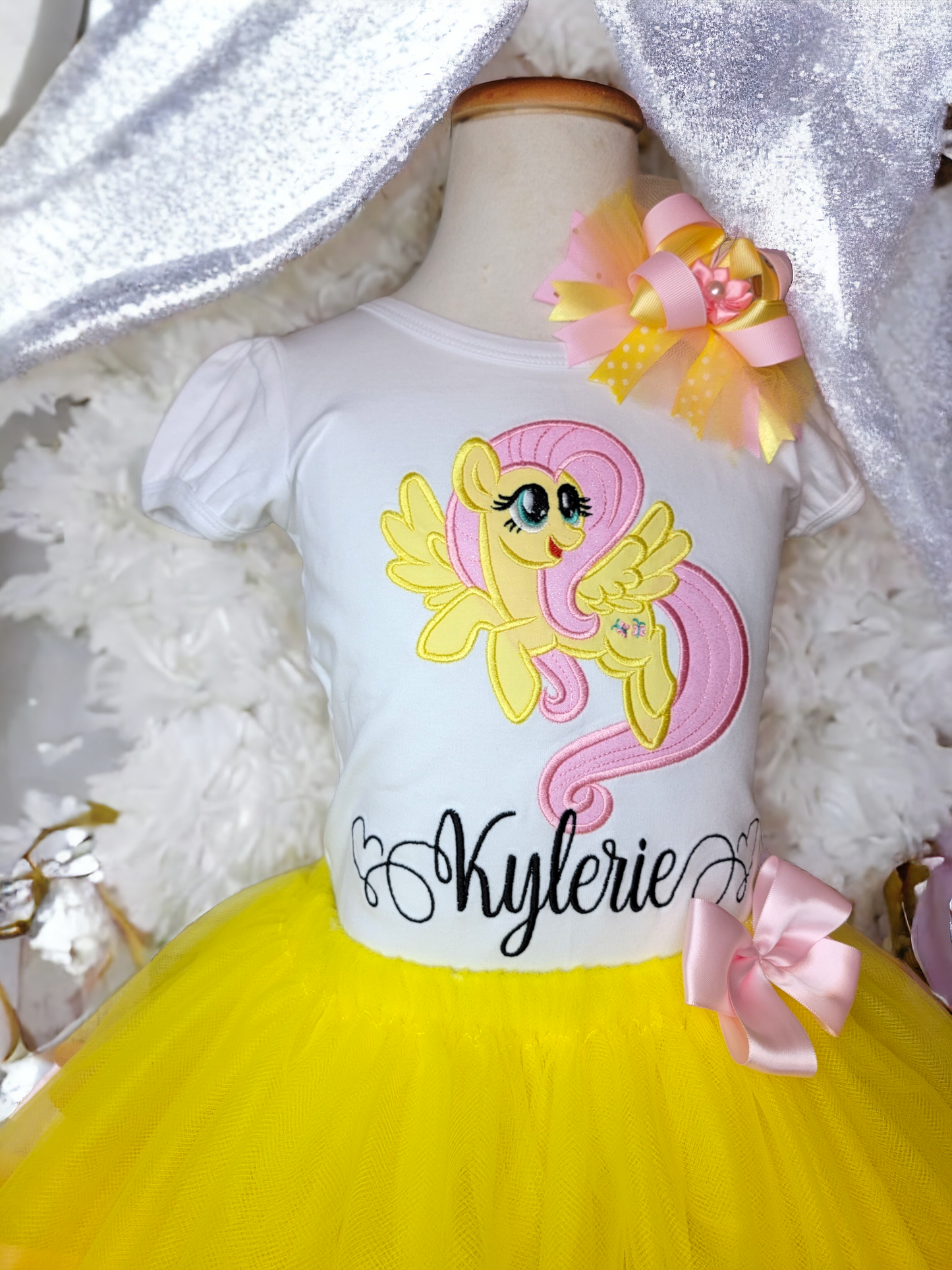 Yellow Pony, Ribbon Trimmed tutu, Matching Top and Tutu, Character Inspired, Themed Party, Party Outfit, Personalized top, Pink and yellow