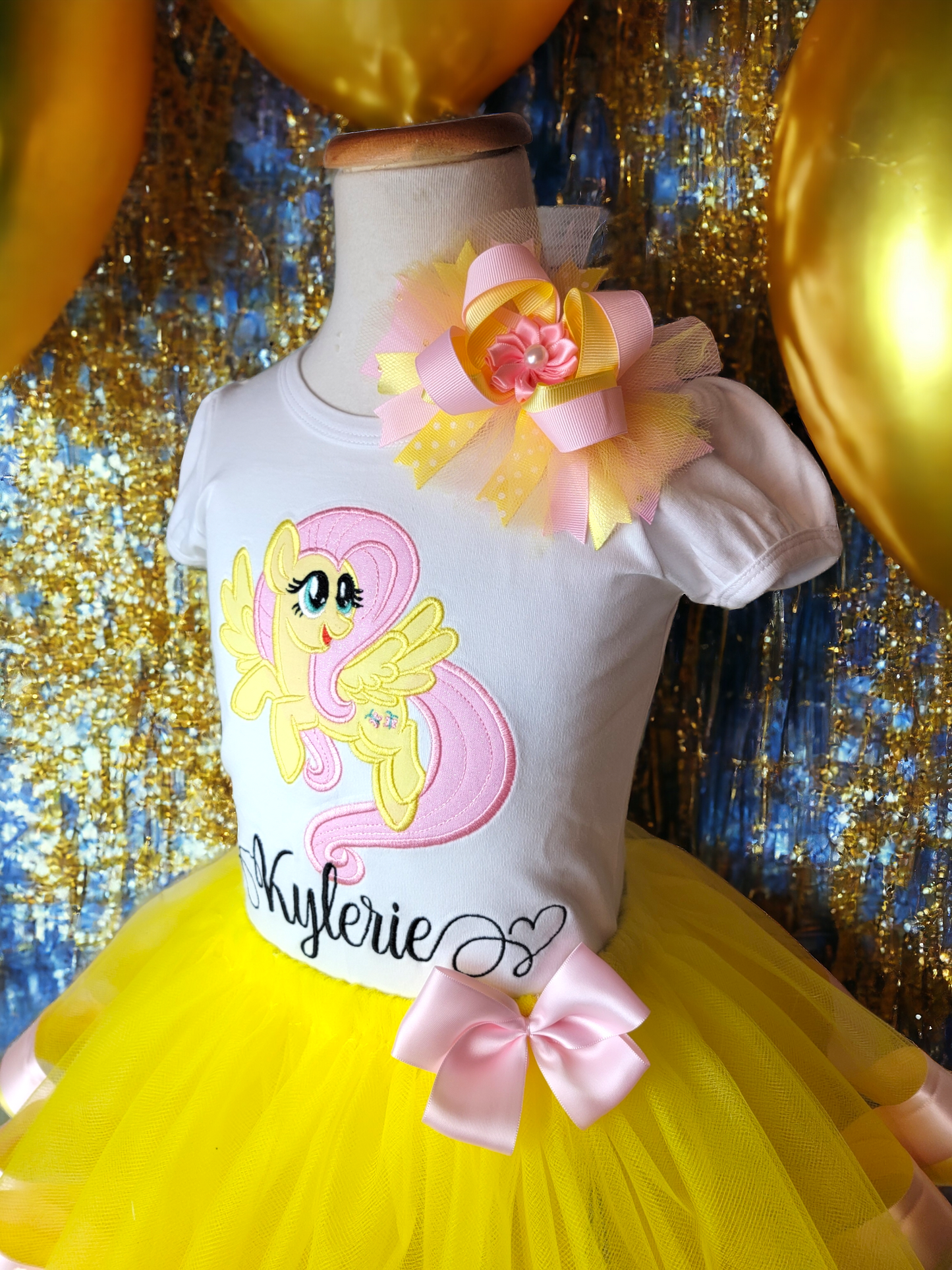 Yellow Pony, Ribbon Trimmed tutu, Matching Top and Tutu, Character Inspired, Themed Party, Party Outfit, Personalized top, Pink and yellow