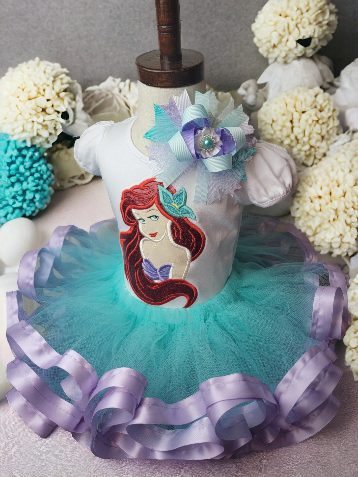 mermaid tutu outfit, mermaid embroidered top, little mermaid birthday, princess dress, princess outfit, red haired mermaid, themed party