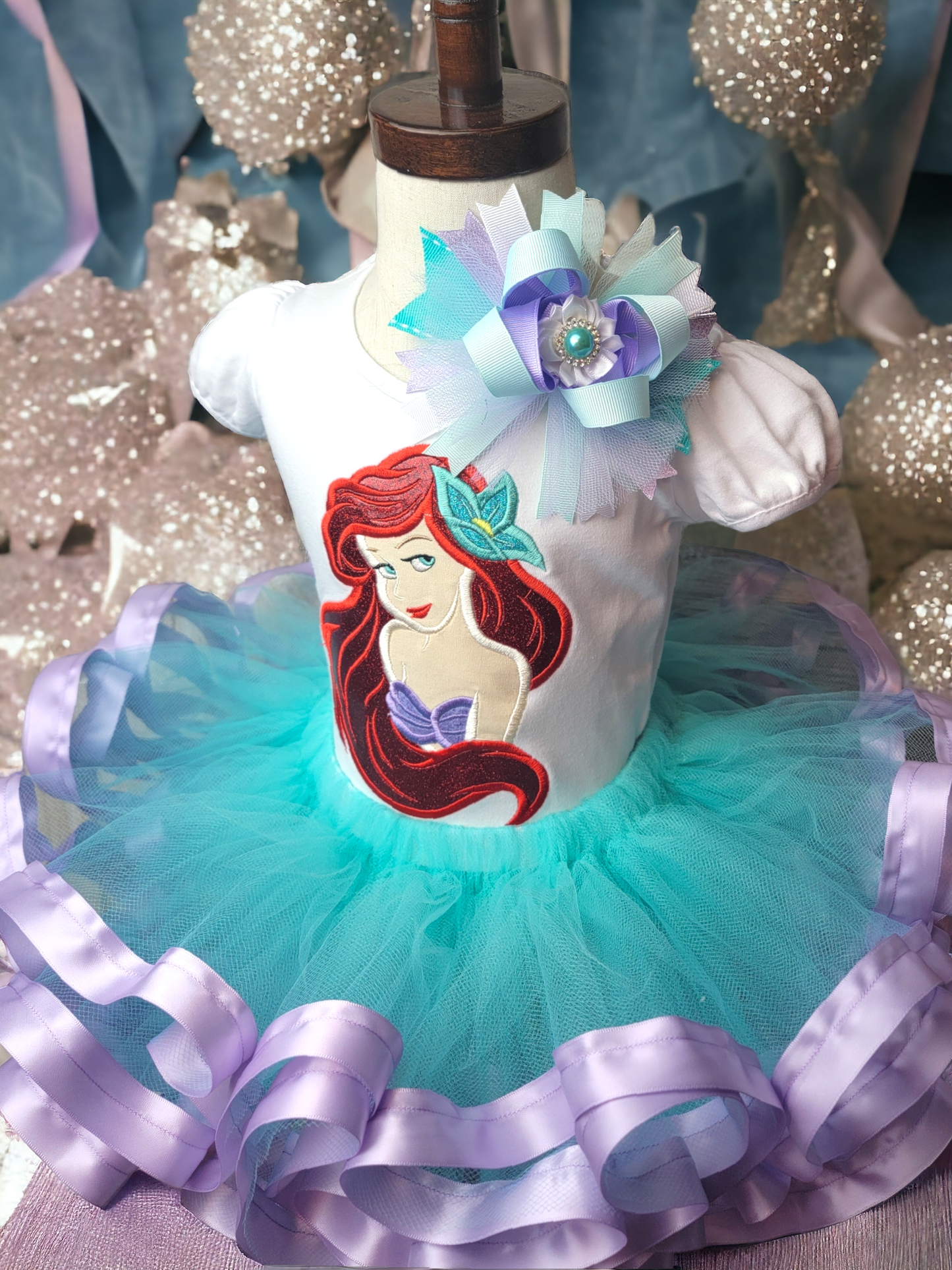 mermaid tutu outfit, mermaid embroidered top, little mermaid birthday, princess dress, princess outfit, red haired mermaid, themed party