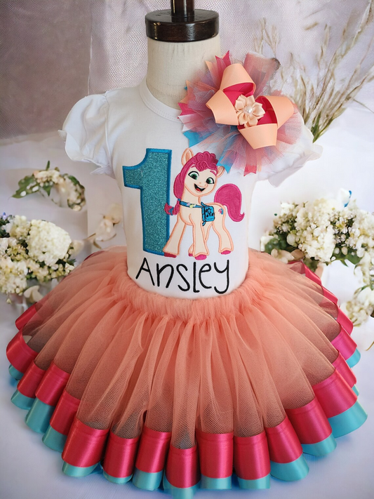 Orange and Pink Pony Tutu Set for Girls, Pony Birthday Outfit, Embroidered Top, New Generations, Girls Personalized Tutu Outfit.