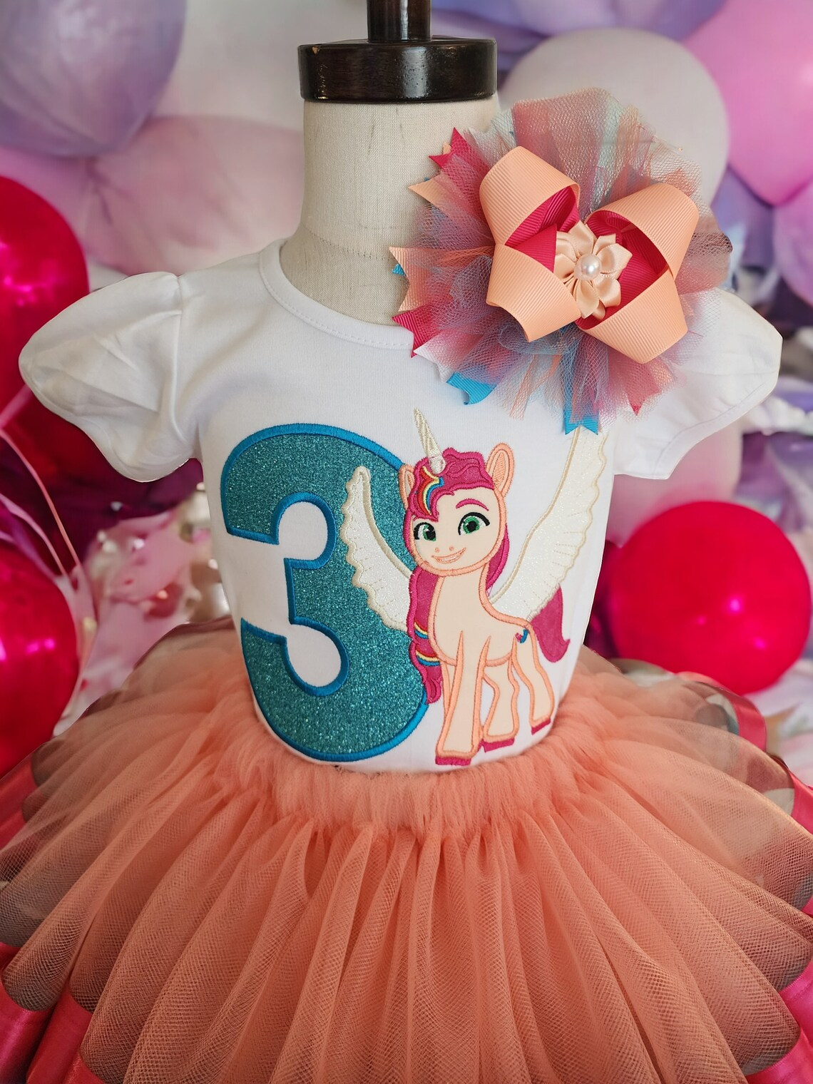 Orange and Pink Unicorn Pony Tutu Set for Girls, Pony Birthday Outfit, Embroidered Top, New Generations, Girls Personalized Tutu Outfit.