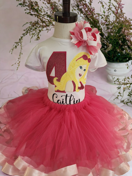 Character Inspired Outfit, Fashion doll, embroidered birthday outfit, themed party, ribbon trimmed tutu, Pink Glitter, personalized outfit