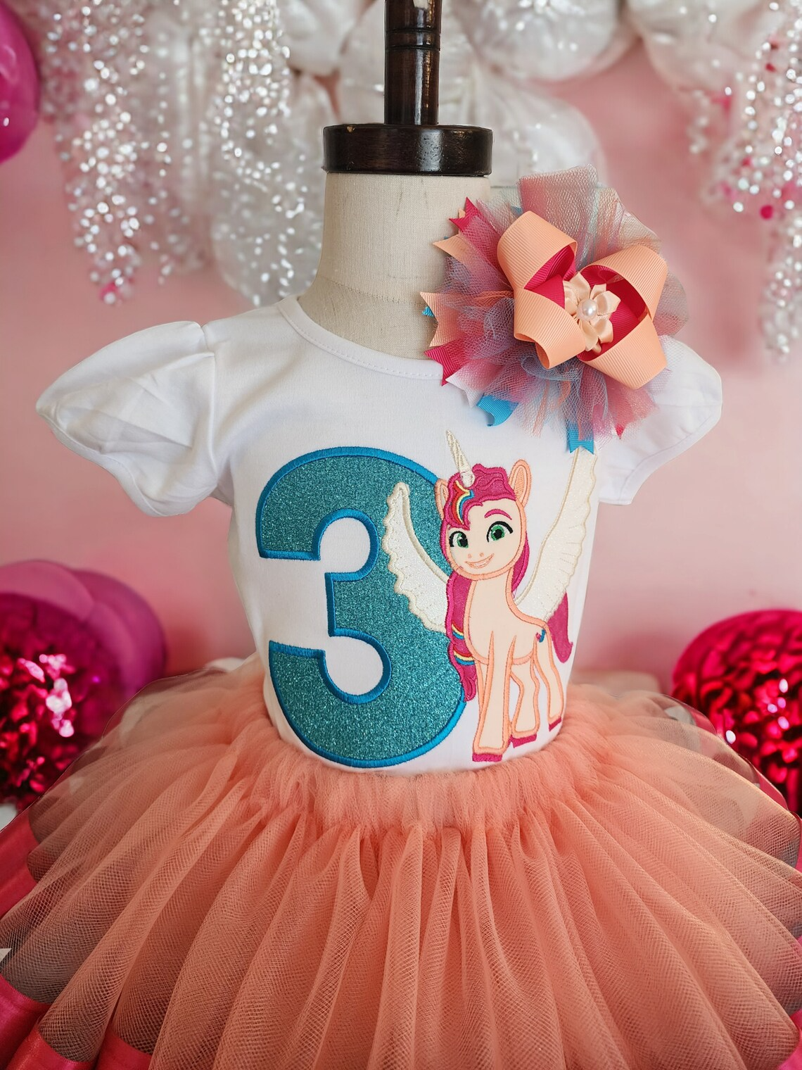 Orange and Pink Unicorn Pony Tutu Set for Girls, Pony Birthday Outfit, Embroidered Top, New Generations, Girls Personalized Tutu Outfit.