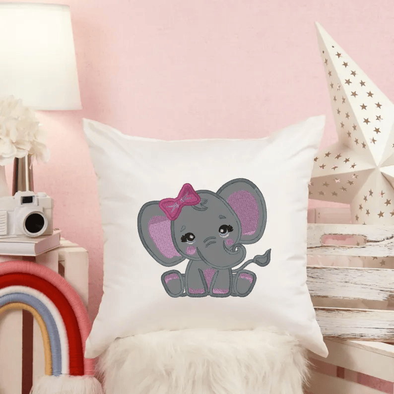 girl elephant, baby elephant, pink elephant with bow, elephant applique, instant download, machine embroidery, DIGITAL FILE