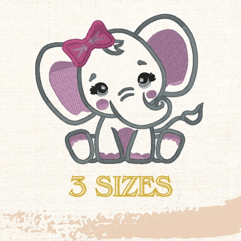 girl elephant, baby elephant, pink elephant with bow, elephant applique, instant download, machine embroidery, DIGITAL FILE