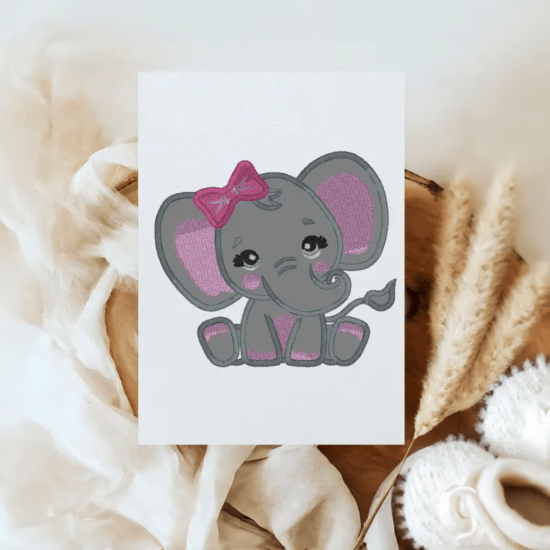 girl elephant, baby elephant, pink elephant with bow, elephant applique, instant download, machine embroidery, DIGITAL FILE